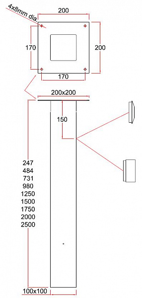 Потолочное крепление дымопремника (100x2000мм;подкл. сбоку;белый)